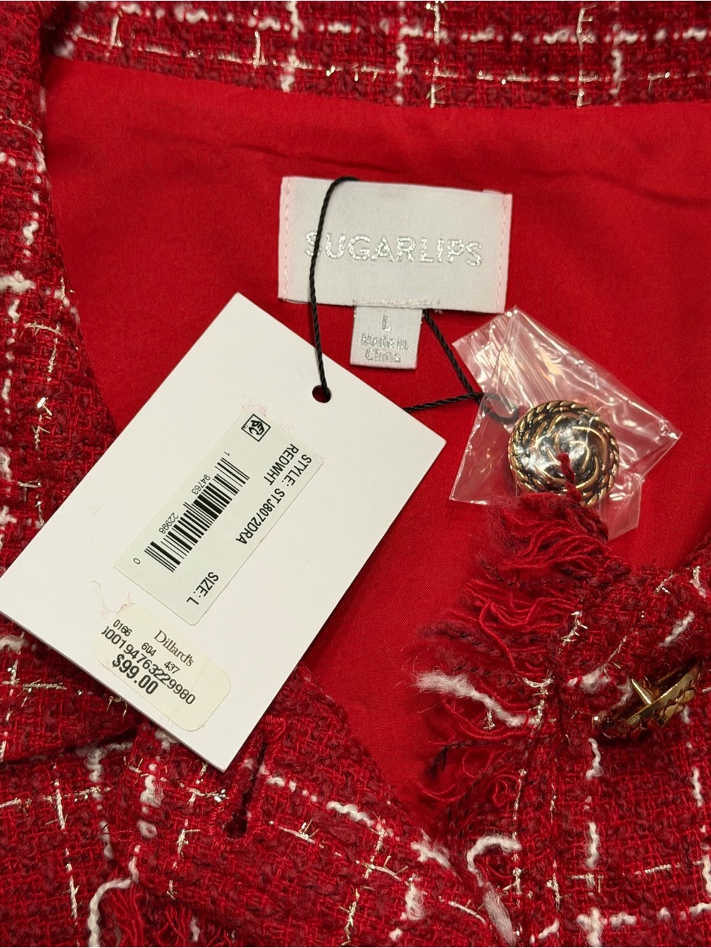 Sugarlips Red Tweed Fringe-Trim Button Jacket NWT Size L - Picture 7 of 12